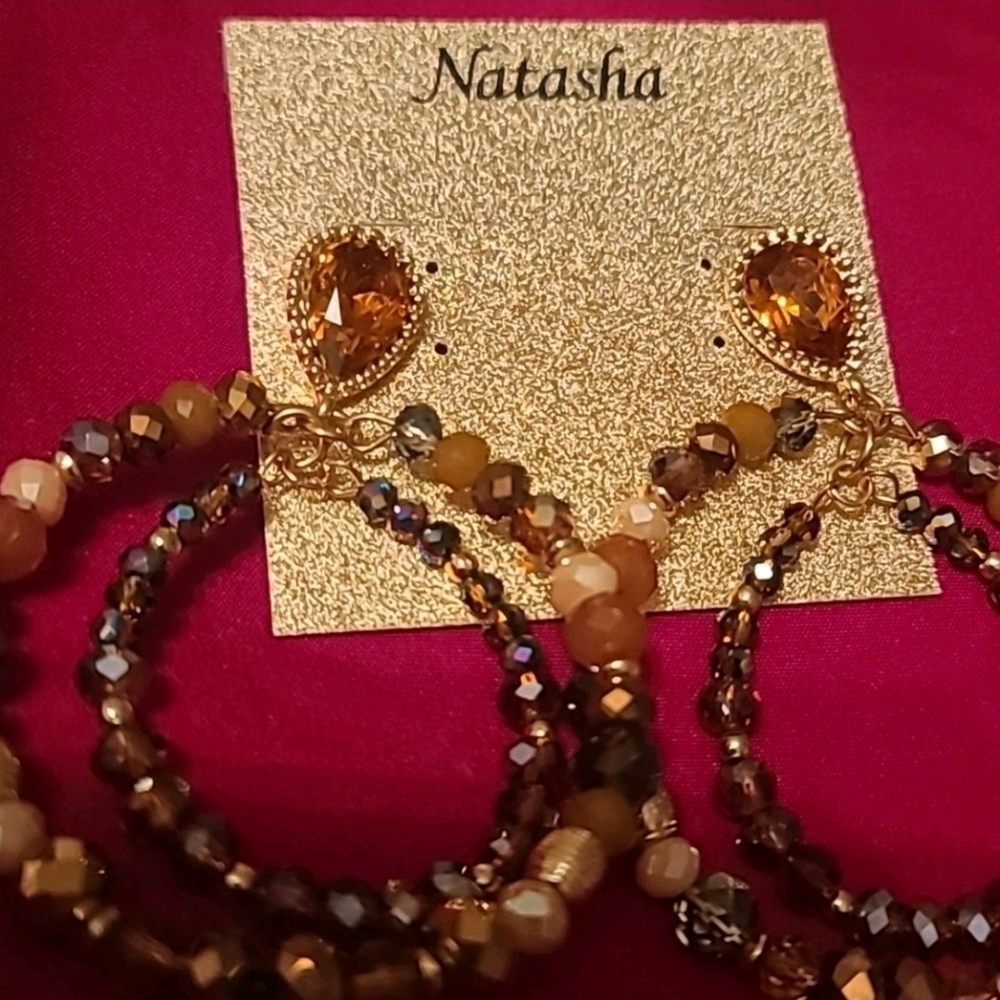 Vintage Natasha Couture Gold Amber Crystal Glass Bead Double Drop Hoop Earrings